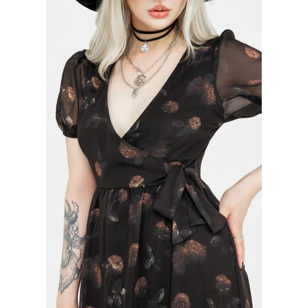 New Disturbia Womens 14 Dress Plus Size Monica Floral Chiffon Midi Wrap Goth Emo - Picture 3 of 10